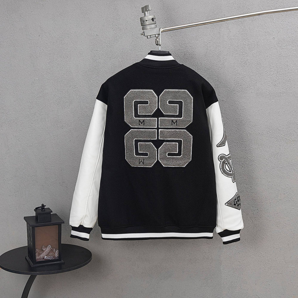 Givenchy back of button-up jacket in black with large 69 graphic and white sleeves