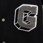 Givenchy jacket pocket patch in gray applique with white outline and button closure