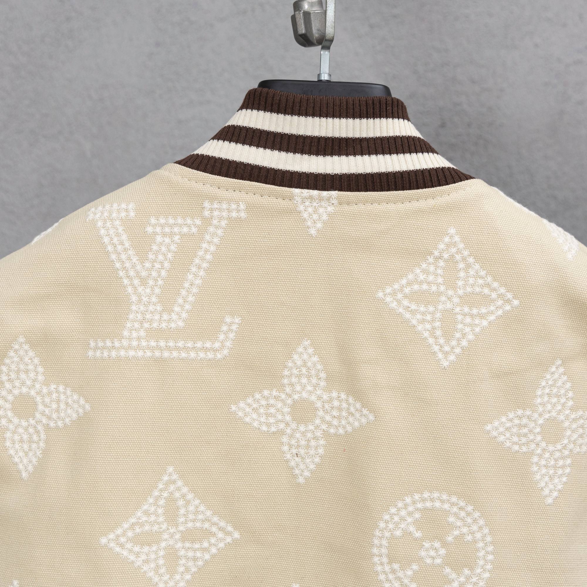 Louis Vuitton jacket back, cream monogram pattern with ribbed striped collar