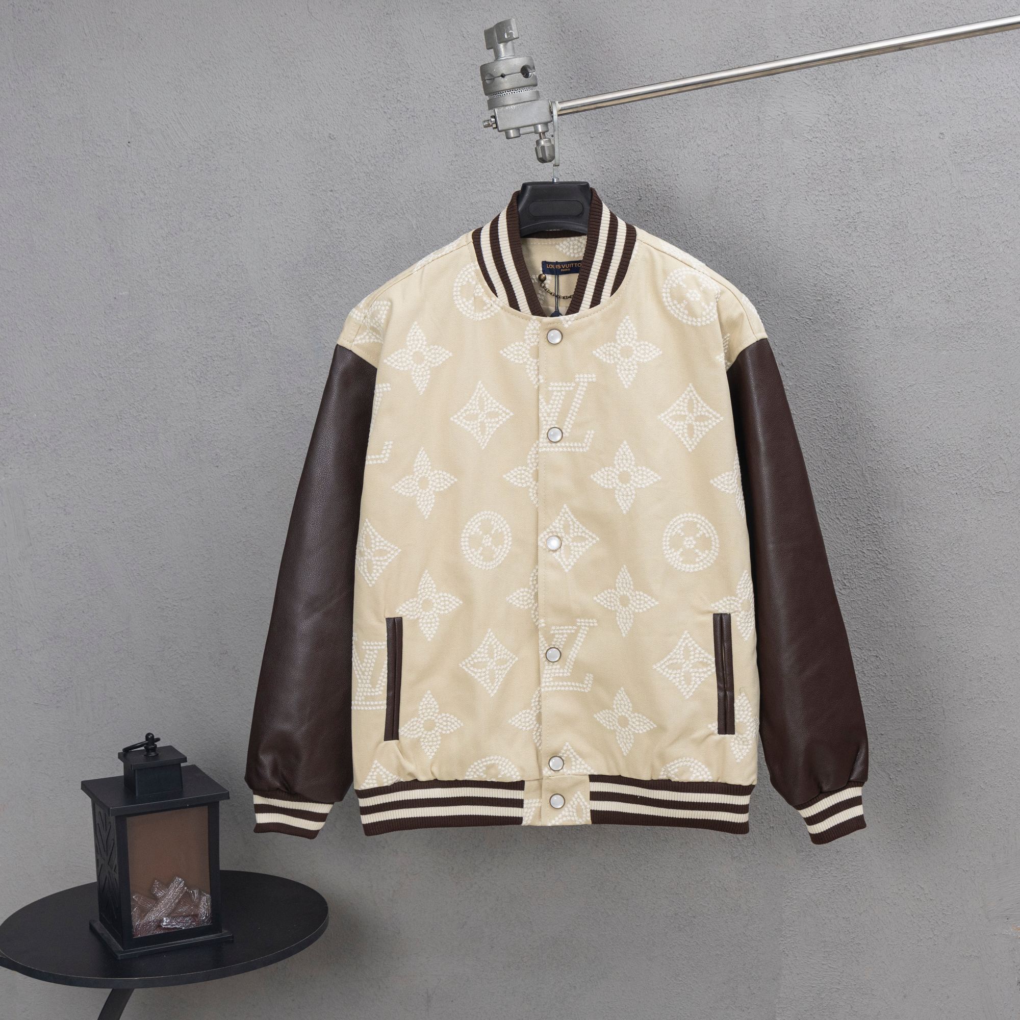 Louis Vuitton long jacket, cream canvas with brown leather sleeves and striped collar