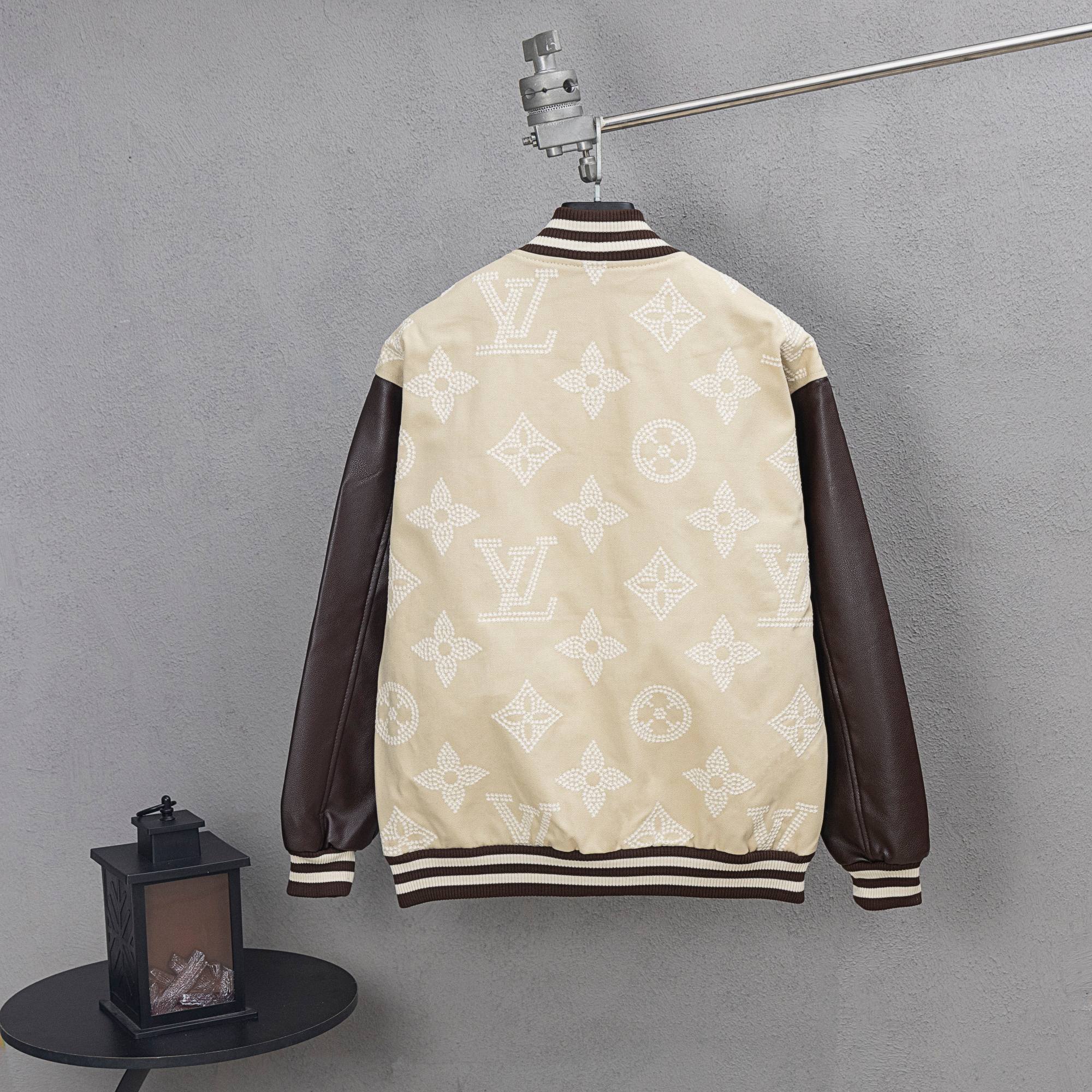 Louis Vuitton long jacket, cream canvas with brown leather sleeves and striped hem bands