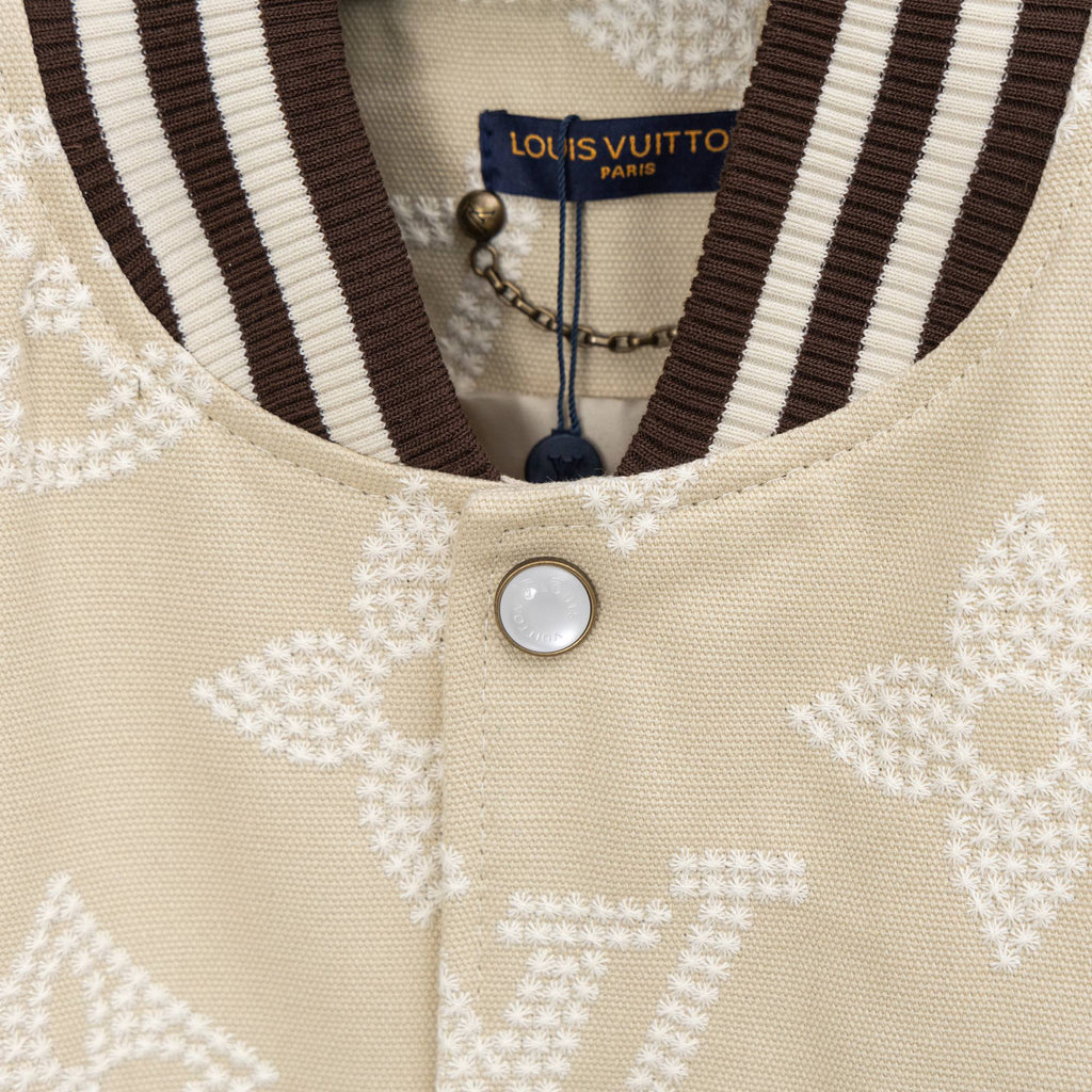 Louis Vuitton jacket neckline, striped collar band with center button and logo tag