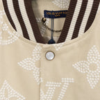 Louis Vuitton jacket neckline, striped collar band with center button and logo tag
