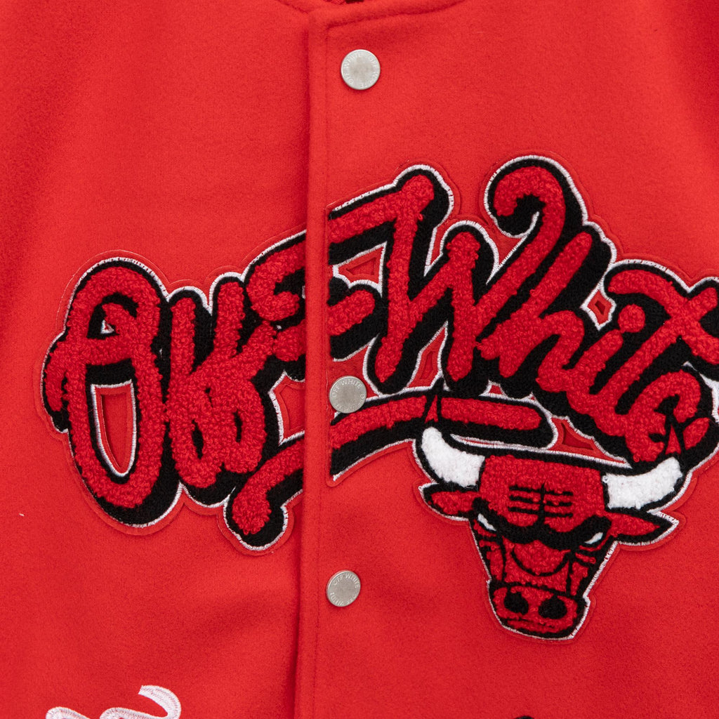 Red jacket front with bold Off-White logo patch and Bulls mascot graphic