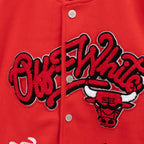 Red jacket front with bold Off-White logo patch and Bulls mascot graphic