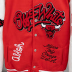 Red varsity jacket front with Bulls mascot patch and cursive Milano New York Chicago