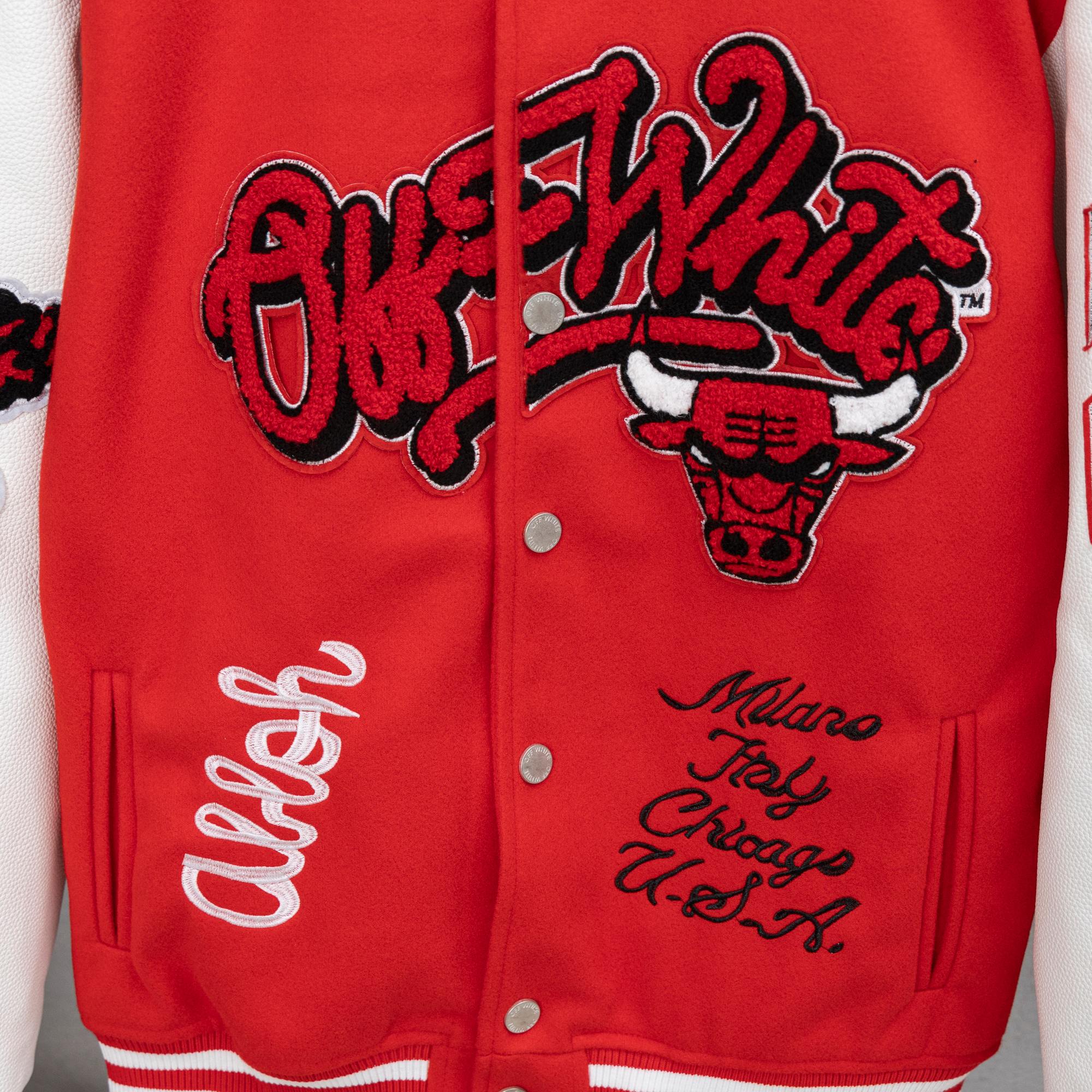 Red varsity jacket front with Bulls mascot patch and cursive Milano New York Chicago