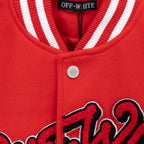 Red jacket front with metal snap button and white striped ribbed collar