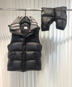 Puffer jacket front and side view on hanger, plaid hood lining and dark padded coat