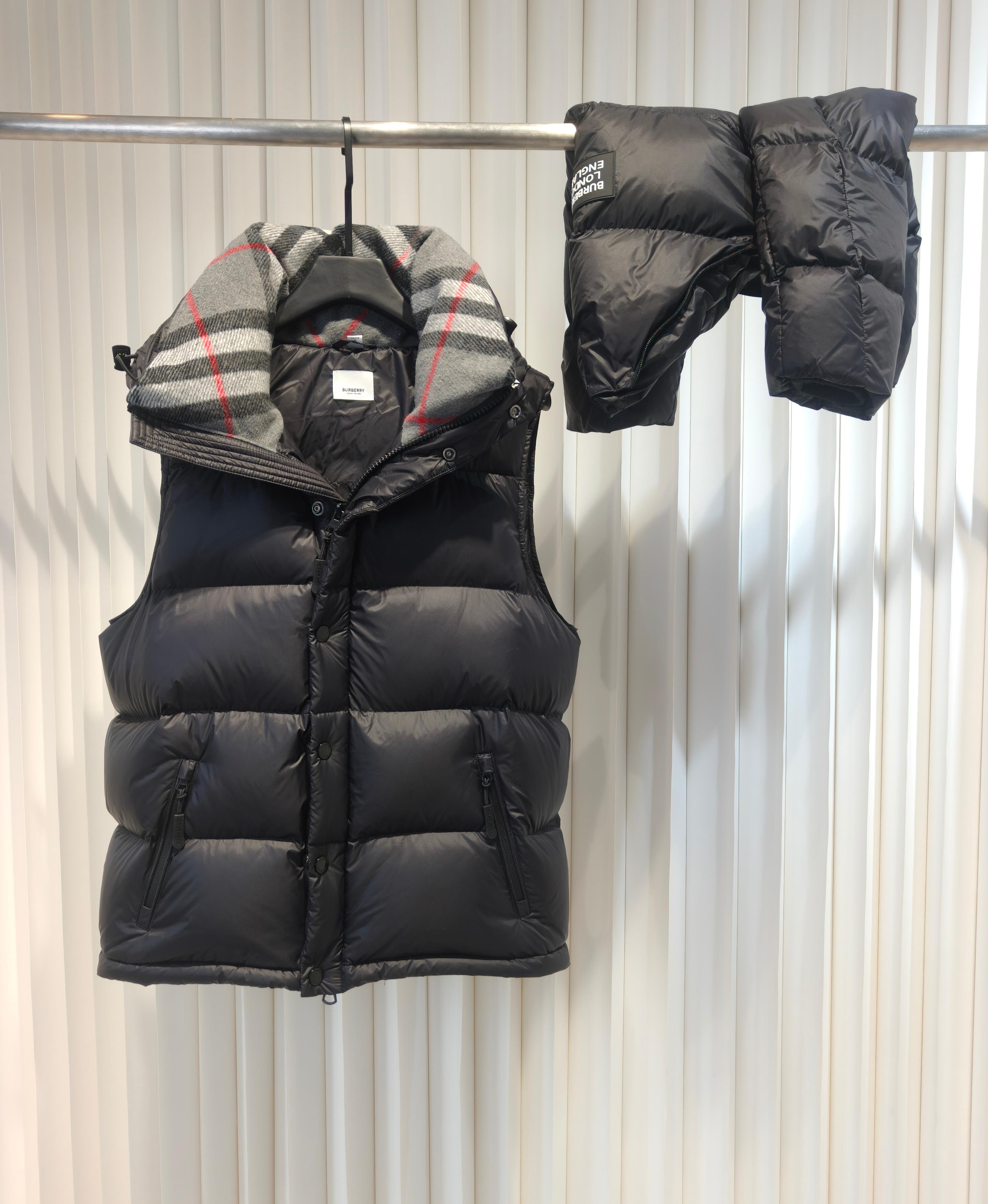 Puffer jacket front and side view on hanger, plaid hood lining and dark padded coat
