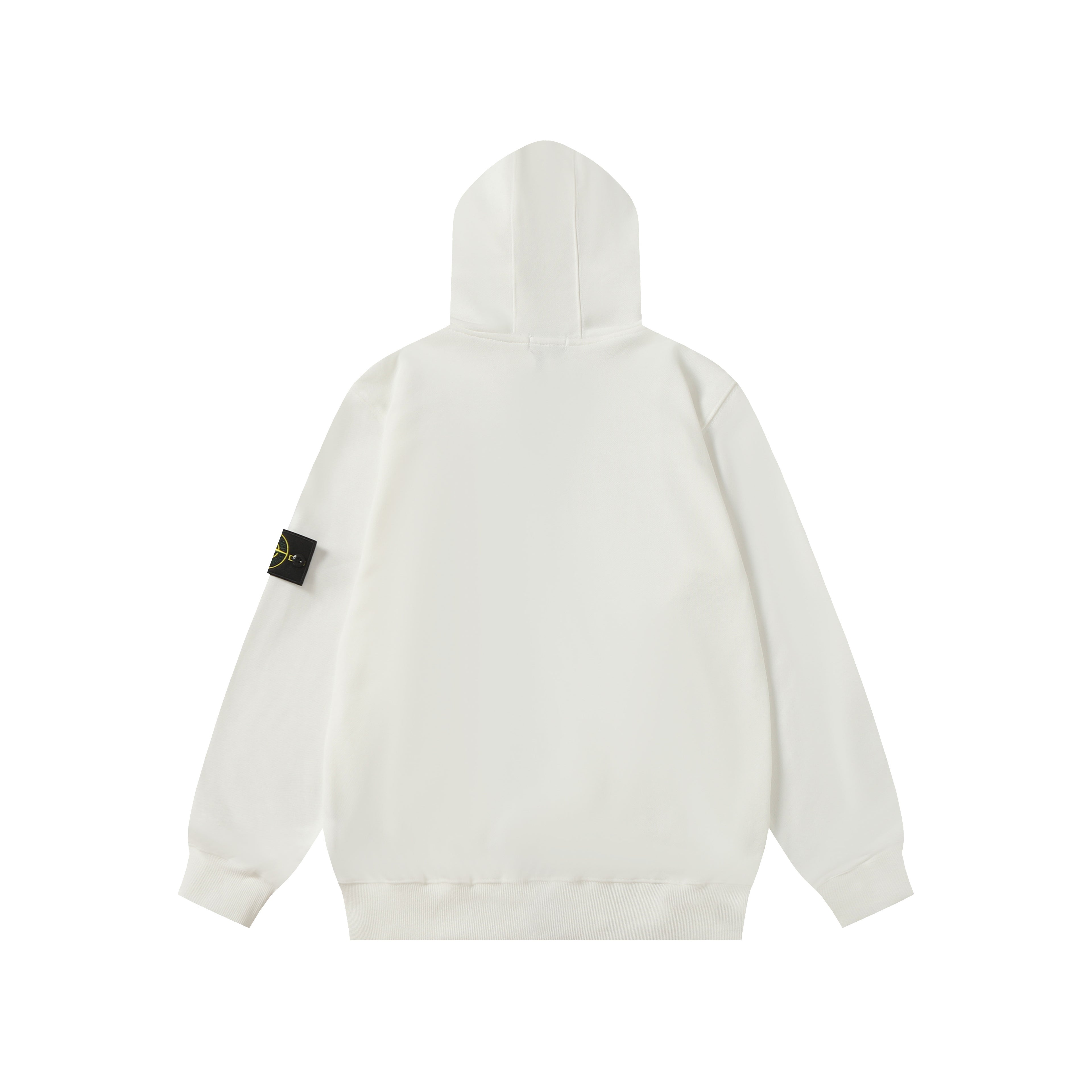 Stone Island hooded jacket back view in white with sleeve logo patch