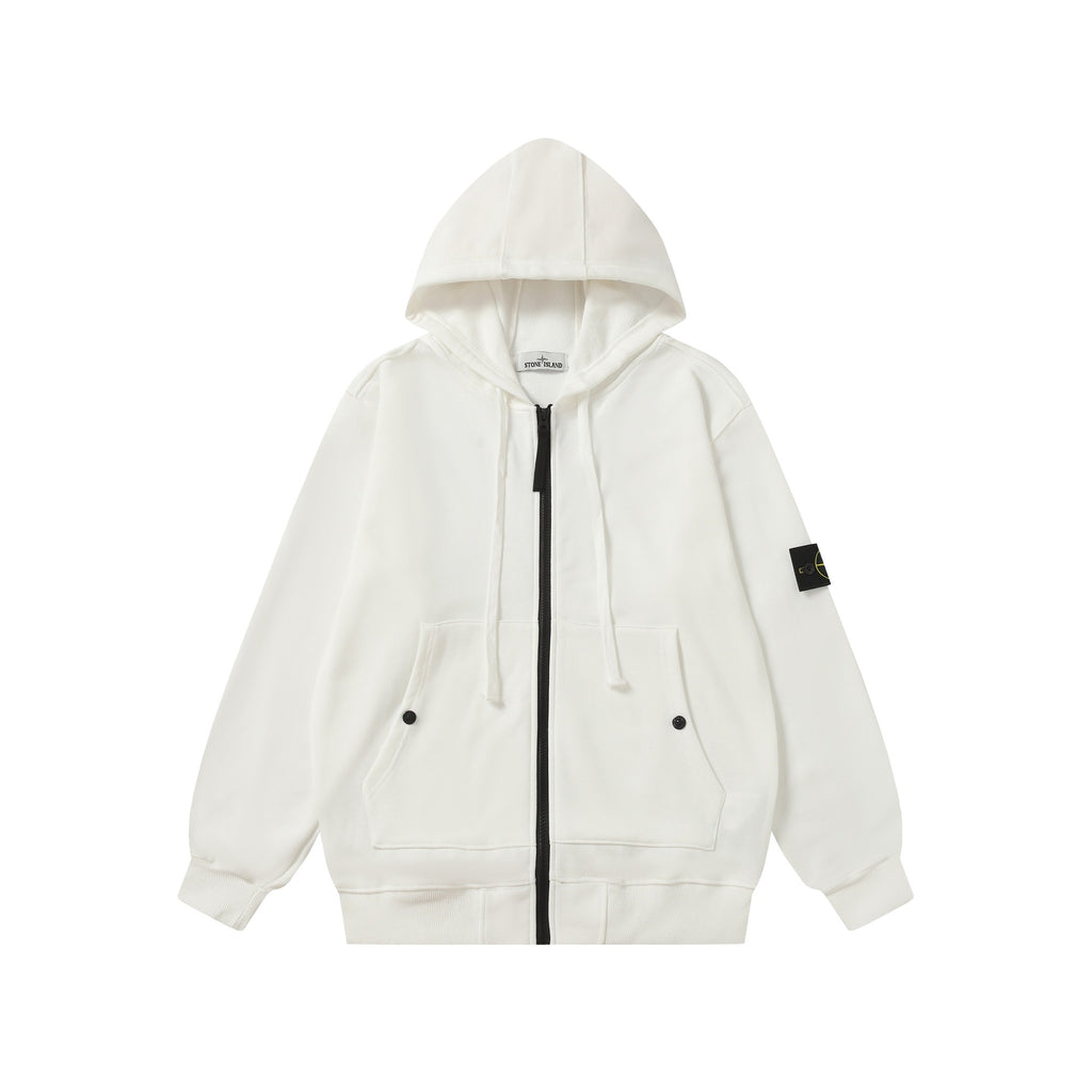 Stone Island hooded jacket in white with black full-zip and front pockets