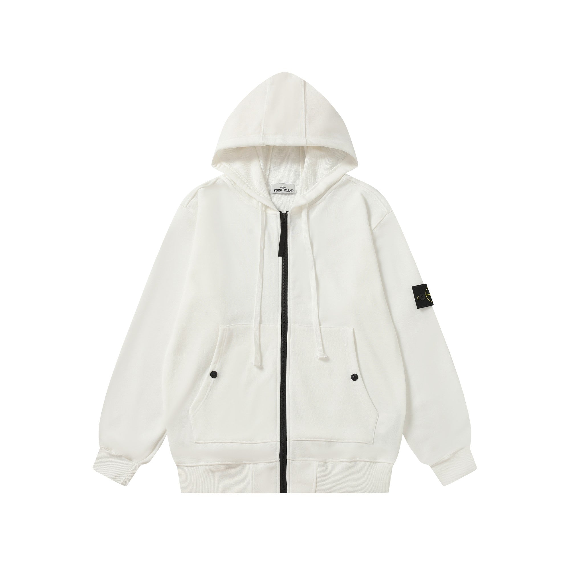 Stone Island hooded jacket in white with black full-zip and front pockets