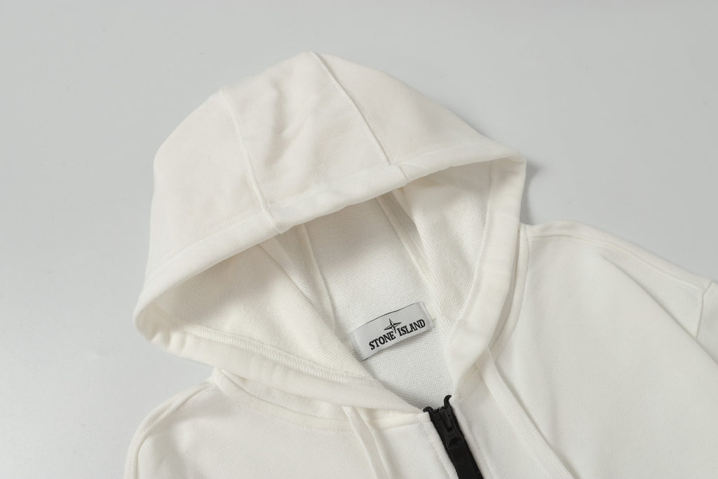 White hooded jacket hood lining with Stone Island logo patch at neckline