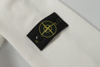 Stone Island logo patch on white hooded jacket front near neckline