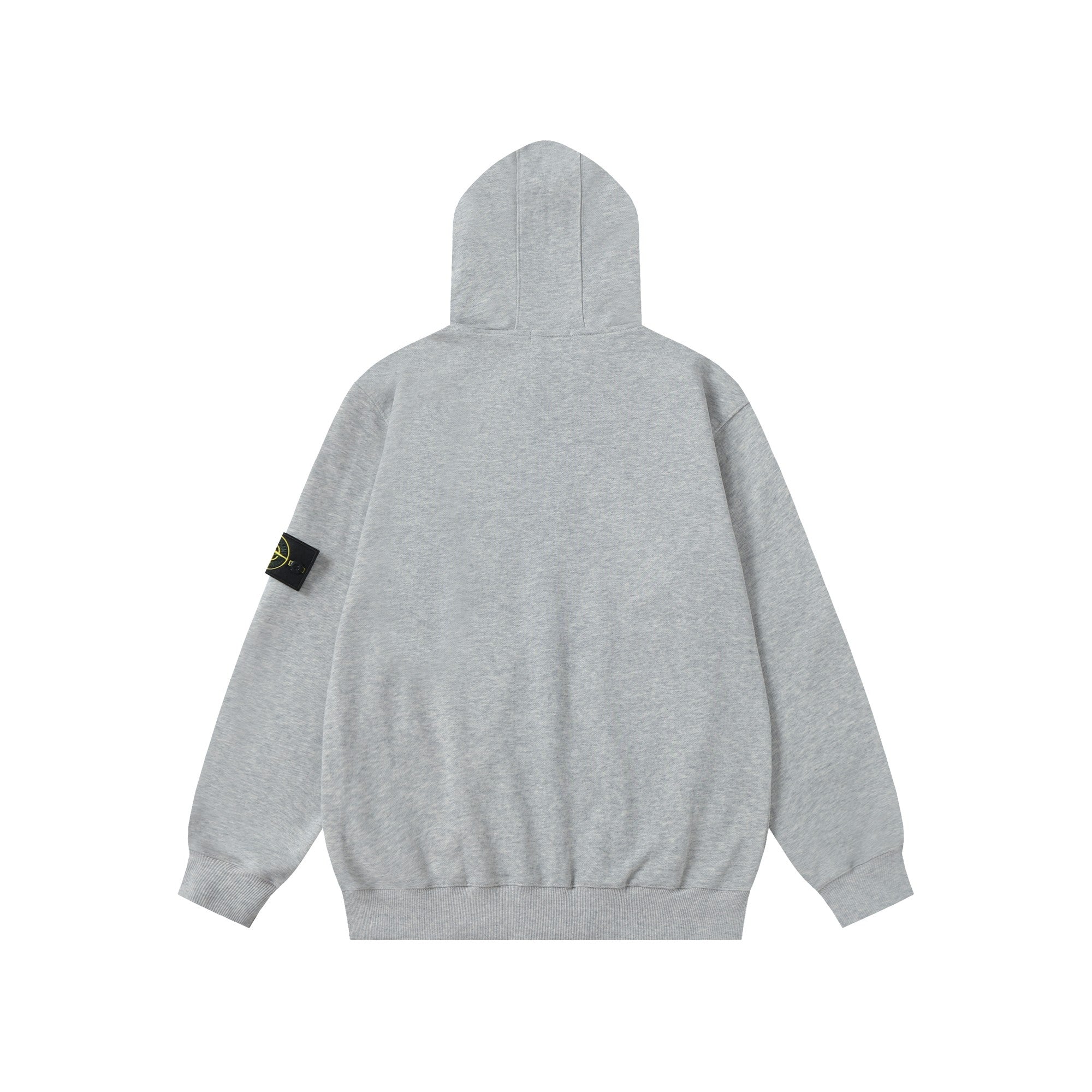 Light gray hoodie back with black sleeve brand patch and full hood