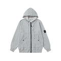Light gray zip-up hoodie with adjustable hood and black zipper