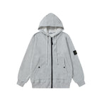 Light gray zip-up hoodie with adjustable hood and black zipper
