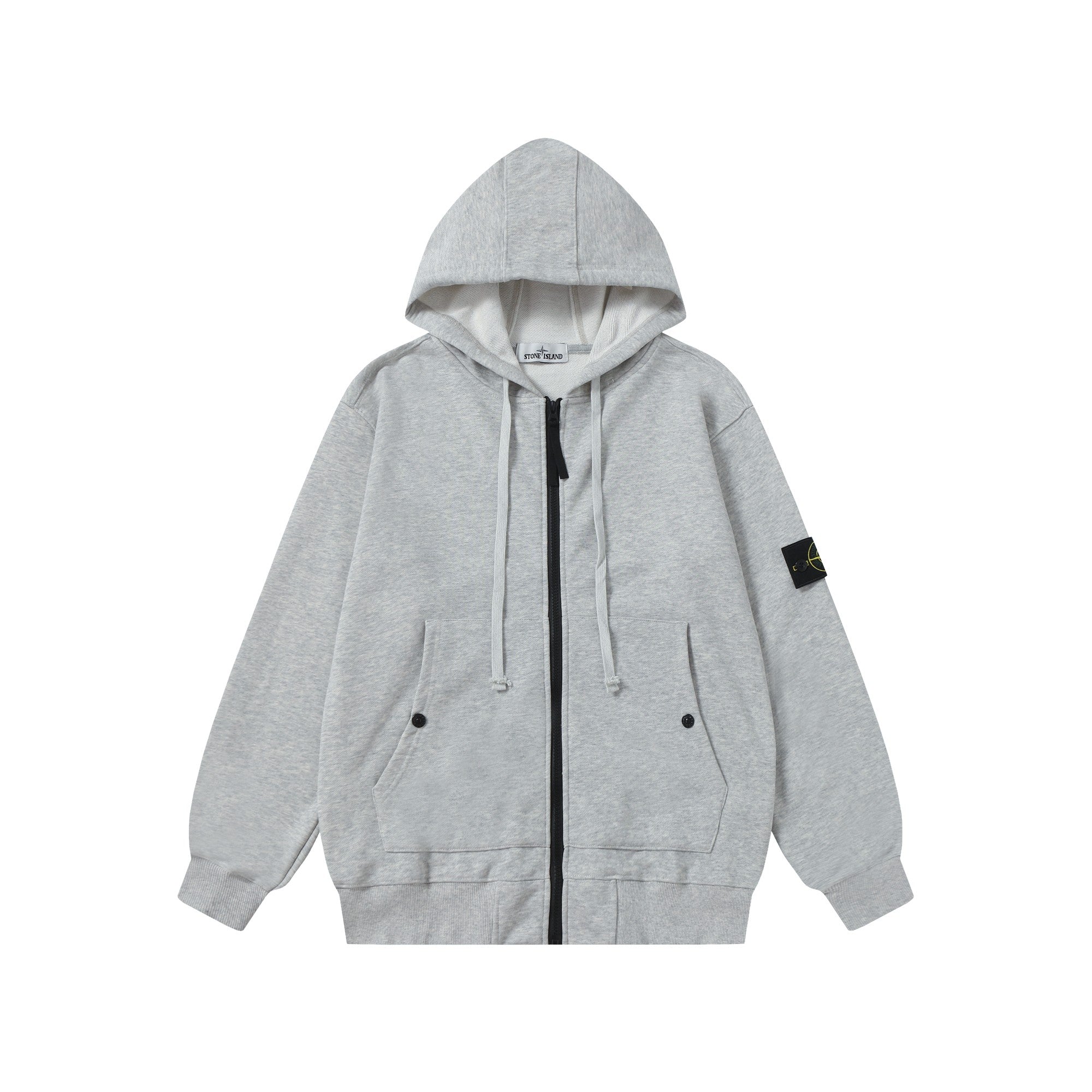 Light gray zip-up hoodie with adjustable hood and black zipper