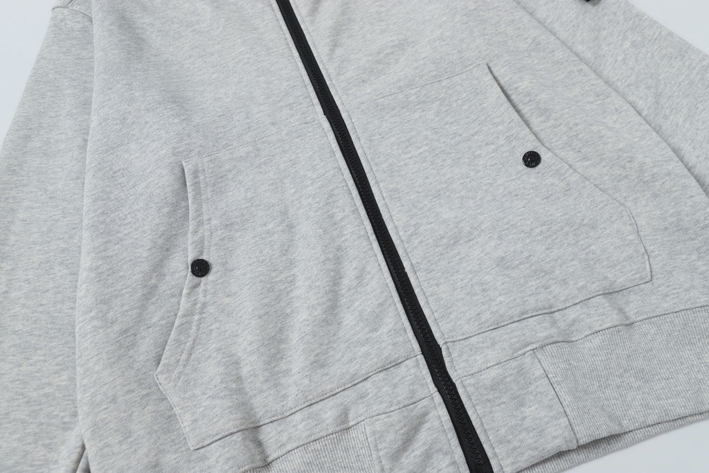 Light gray zip hoodie front with two pockets and black zipper