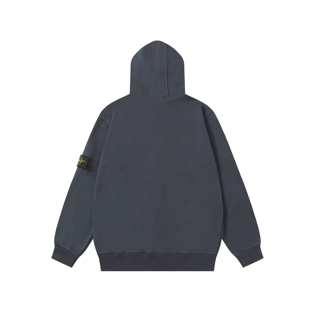 Stone Island hooded zip jacket, dark navy, rear view with hood