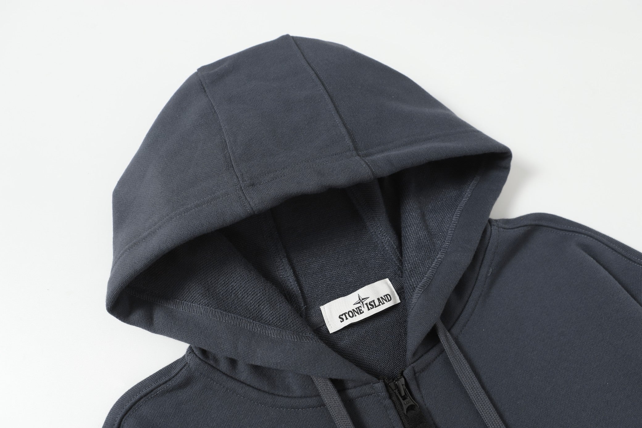 Stone Island hooded zip jacket, dark navy with interior hood logo patch