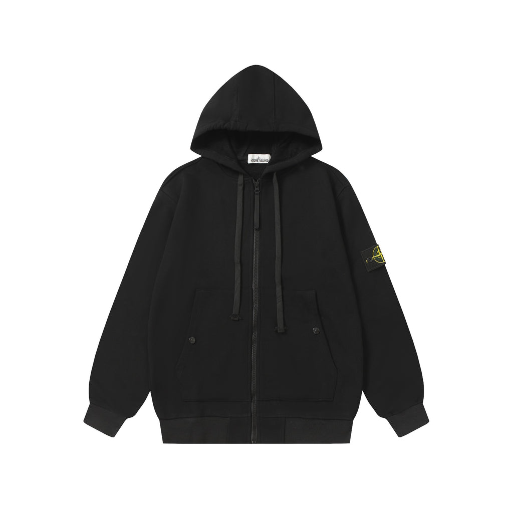 Black hooded zip jacket with drawstring and front pockets