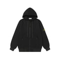 Black hooded zip jacket with drawstring and front pockets