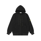 Black hooded zip jacket with drawstring and front pockets