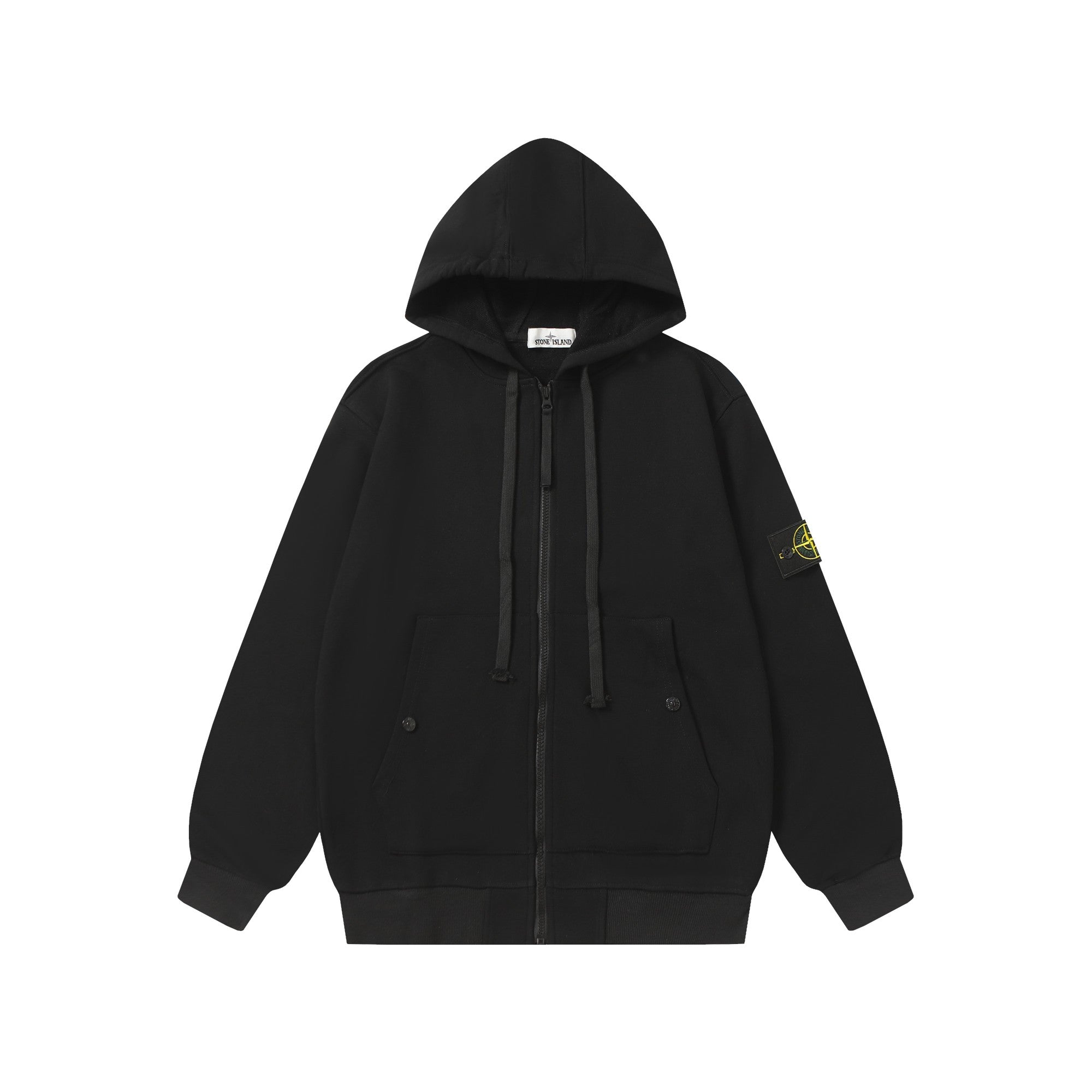 Black hooded zip jacket with drawstring and front pockets