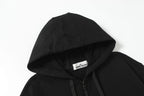 Black hooded zip jacket hood and front zipper detail