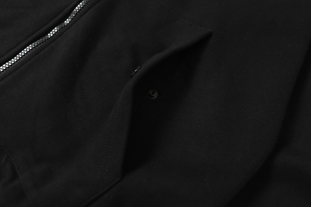 Black front pocket with snap buttons on hooded jacket
