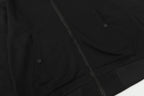 Black zip-up hooded jacket front pocket and zipper seam