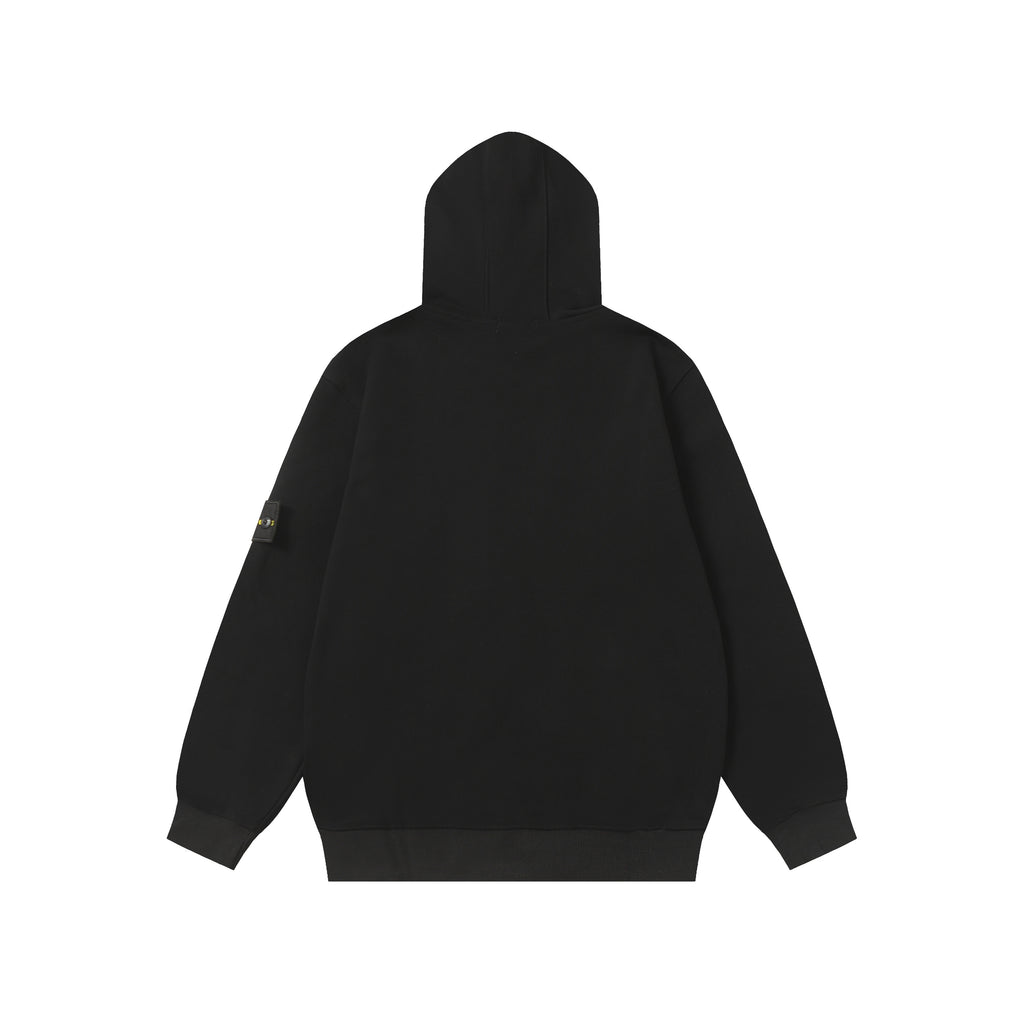 Black hooded zip jacket back view with small side logo patch