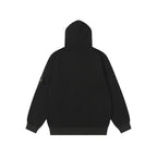 Black hooded zip jacket back view with small side logo patch