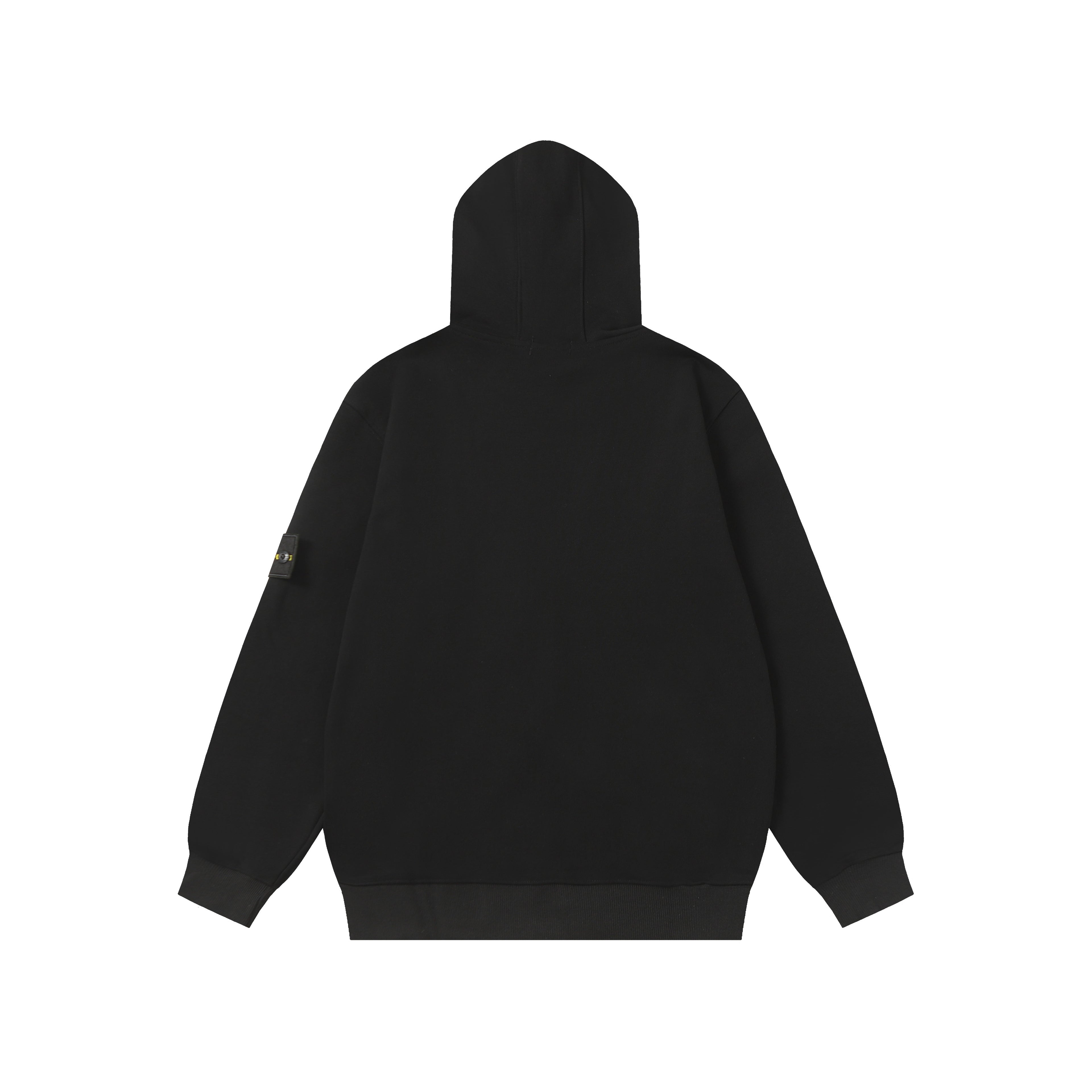Black hooded zip jacket back view with small side logo patch