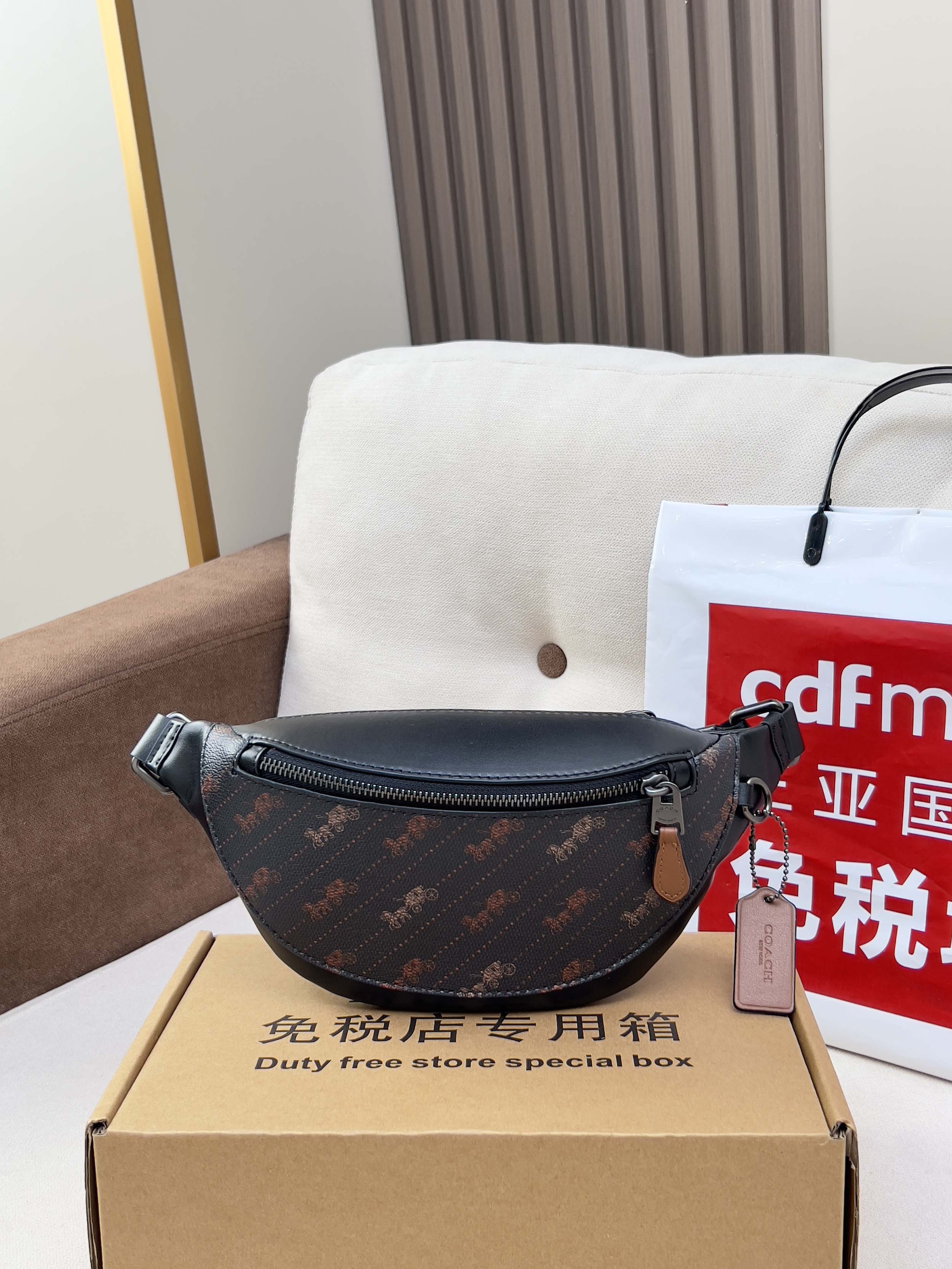 Coah crossbody belt bag, dark fabric with top zip and adjustable strap
