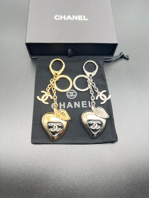 Chanel heart charm keychain set, gold and silver heart charms with chains