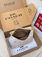 White patterned Coach hobo bag with top handle, open in gift box with strap.