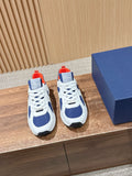 White and navy unisex low-top sneakers with red heel accents and lace-up front