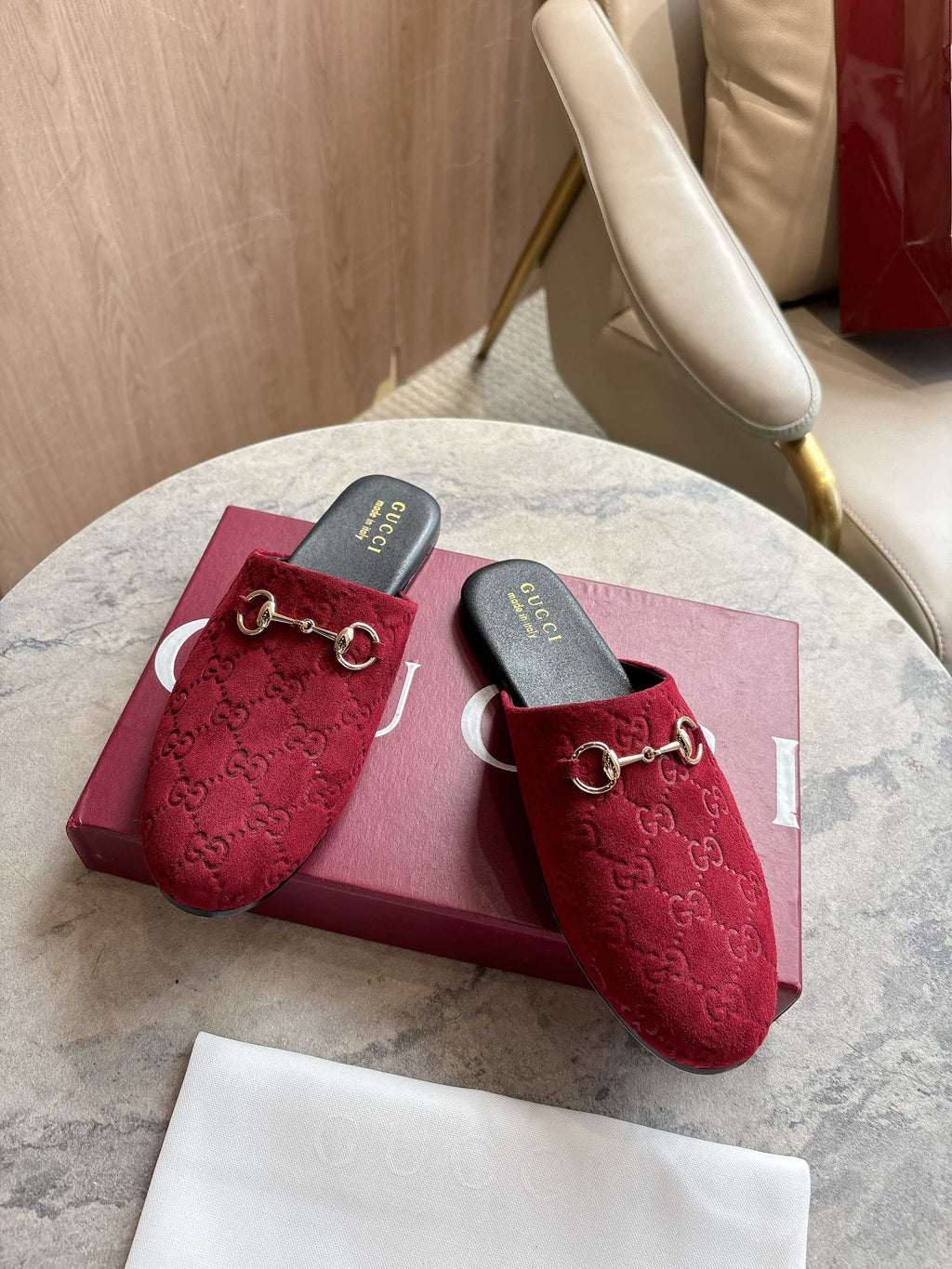 Gucci unisex horsebit mules, dark red GG-textured velvet slip-ons with gold ring hardware