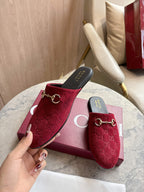 Gucci unisex horsebit mules, dark red GG-textured velvet slip-ons with gold hardware