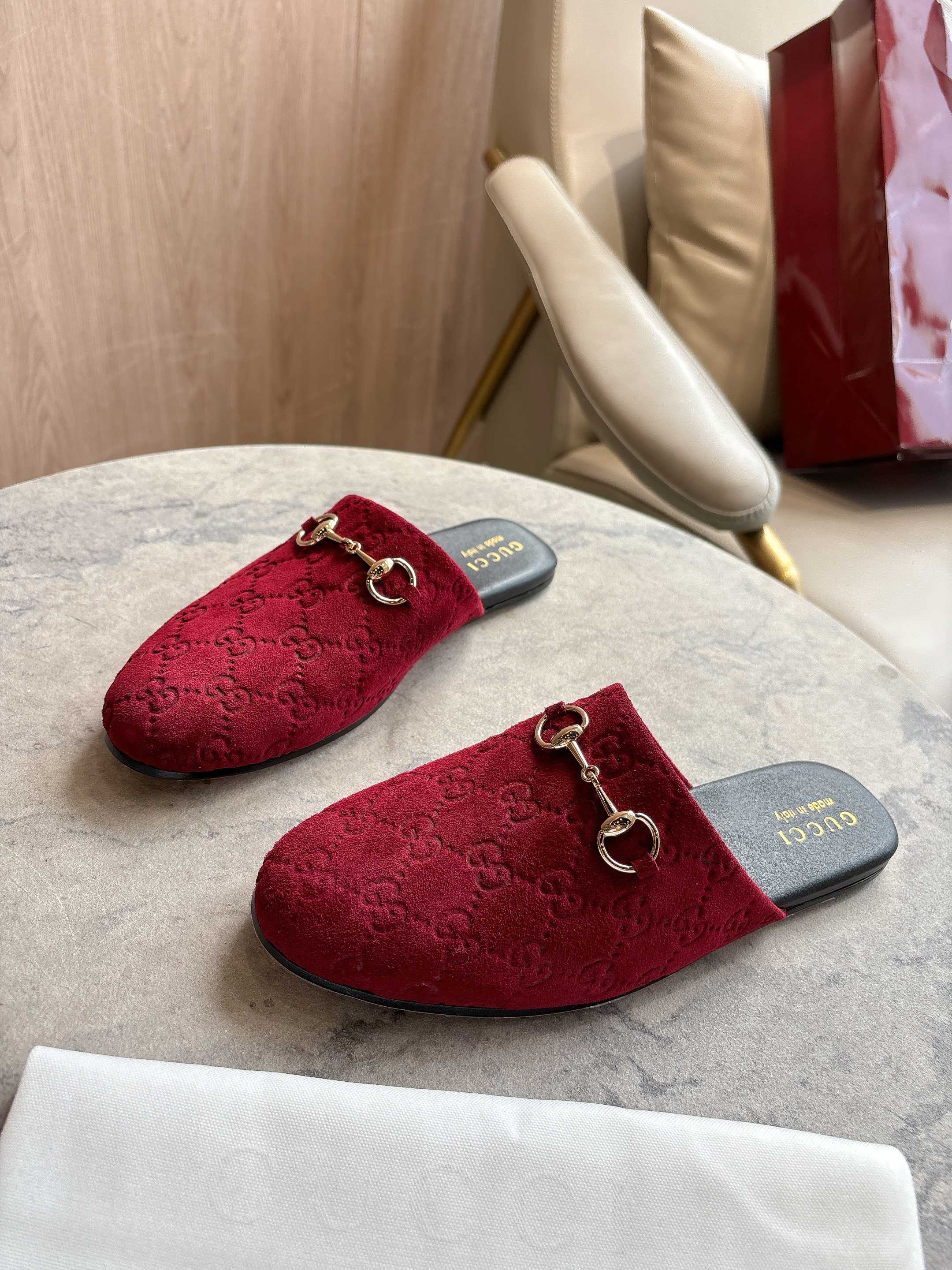 Gucci unisex horsebit mules, dark red velvet with GG embossing and gold ring hardware
