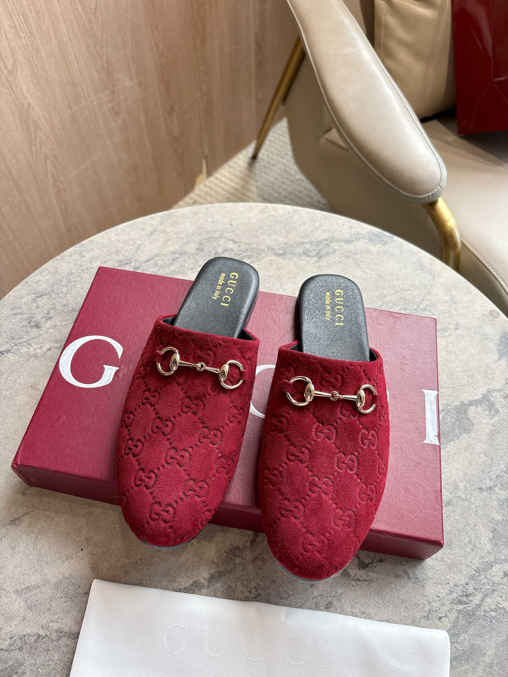 Gucci unisex horsebit mules, dark red GG-textured velvet with gold hardware
