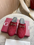 Gucci unisex horsebit mules, dark red GG-textured velvet with gold hardware