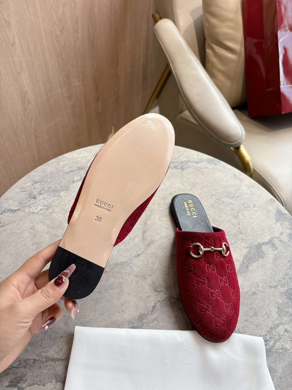 Gucci unisex horsebit mule, dark red velvet slip-on with GG logo on light sole