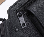 Black leather belt bag strap with metal buckle and LV logo tag