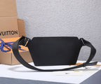 Black belt bag with adjustable crossbody strap and front flap, side view