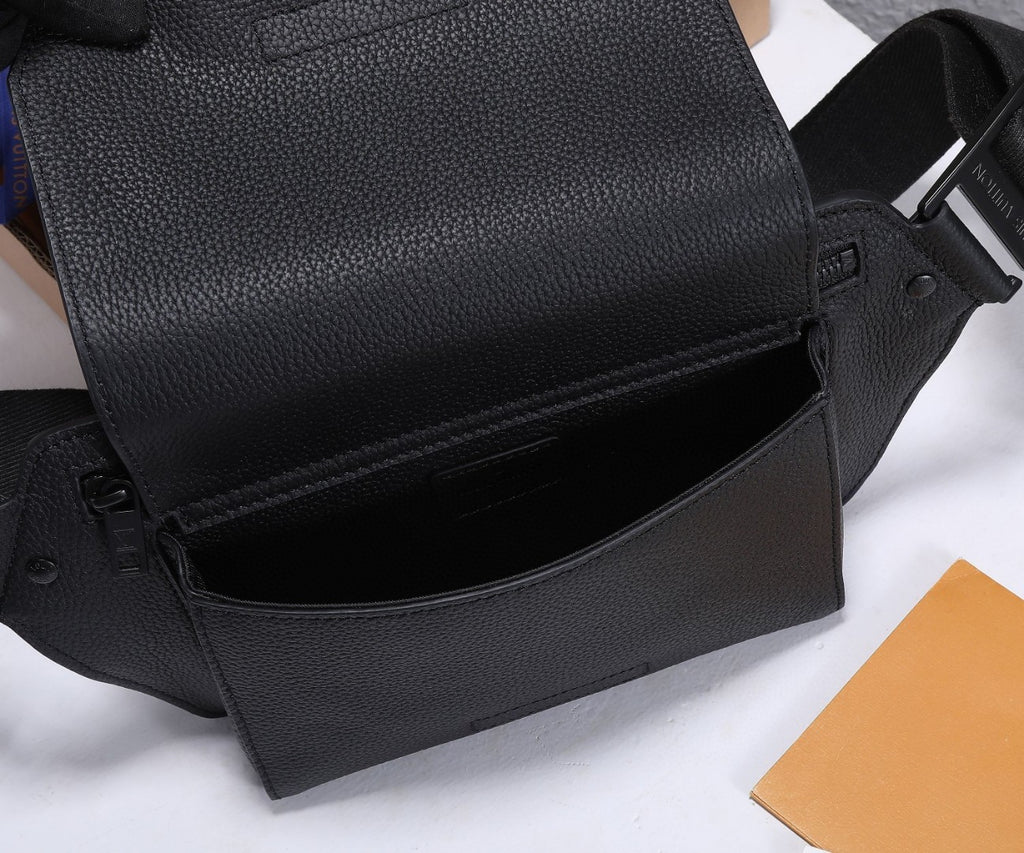 Men's black leather belt bag with open interior pocket and stitched lining
