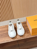Louis Vuitton unisex sneakers, white leather with white laces and brown heel accents